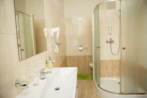 a bathroom with a sink and a shower at Penzion Burra in Vrútky