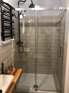 a shower with a glass door in a bathroom at Apartament Odrzanka in Gryfino