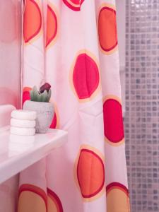 a shower curtain with a cactus on a shelf at Apartments Boki in Pag +38 photos