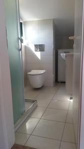 a bathroom with a toilet and a glass door at Apartments Vila Vino in Sveta Nedelja