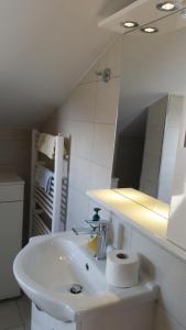 a white bathroom with a sink and a mirror at Apartments Vila Vino in Sveta Nedelja