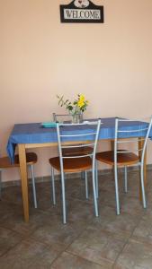 a blue table with two chairs and a vase with flowers at Apartments Vila Vino in Sveta Nedelja