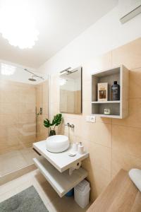 uma casa de banho com um lavatório e um chuveiro em Chez Emile Private 5 star 3 room flat and in-door Pkg em Nitra