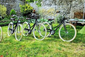 3 vélos garés dans l'herbe dans une cour dans l'établissement Studio "Brume d'opale" au 2ème étage, à 200M de la plage, à Cayeux-sur-Mer