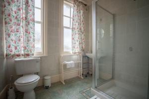 a bathroom with a toilet and a shower at Falcon House By RentMyHouse in Hereford