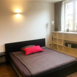 Bett mit rosa Kissen auf dem Zimmer in der Unterkunft Apartment in Pempelfort - Central in Düsseldorf