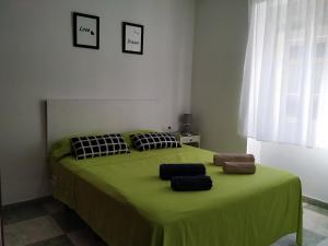 a bedroom with a green bed with two pillows on it at ALTILLO 25 GARAJE Y WIFI GRATIS in Córdoba