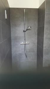 a shower in a bathroom with gray tiles at Feine Herbergen Maria Magdelena in Bad Aussee +16 photos