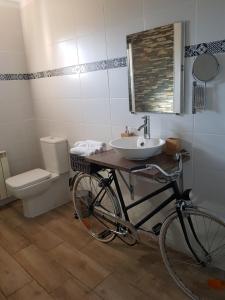 - un vélo garé dans une salle de bains avec lavabo et toilettes dans l'établissement Apartament Vall de Montserrat, à Castellbell i Vilar
