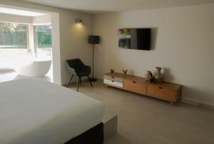 a bedroom with a bed and a television and a chair at Villa Farfalla in Bredene