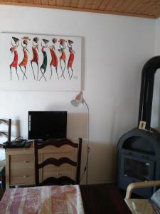 a room with a fireplace and a picture of four birds at Casinha do Sul in Faro