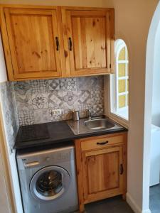 a kitchen with a washing machine and a sink at Studio Astoria in Menton
