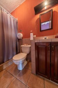 ein Badezimmer mit einem WC, einem Waschbecken und einem Spiegel in der Unterkunft 7 orejas in Quetzaltenango