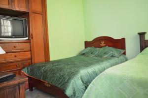 1 dormitorio con 1 cama y TV. en Hotel la Cabaña, en El Cocuy