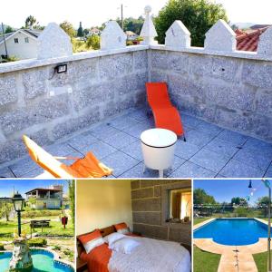 uma colagem de fotos de um quarto e uma piscina em Chambre de la tour - Quinta da Prelada Simão em Celorico de Basto