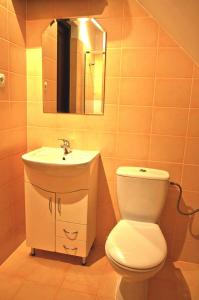 Un baño con inodoro, lavabo y espejo. en Dom u Małgosi, en Witów 6 fotos más
