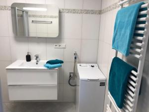 a small bathroom with a sink and a mirror at Apartment AusZeit in Bad Kissingen