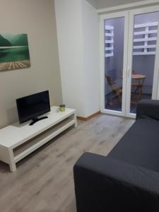 uma sala de estar com uma televisão e um sofá em Coimbra Holiday Residence em Coimbra