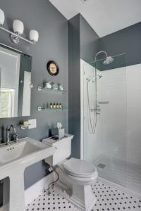 a bathroom with a toilet and a sink and a shower at Historic Birch Lodge and Motel in Trout Lake