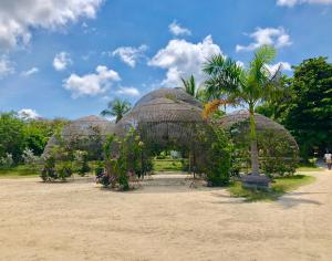 a group of straw huts with flowers and a palm tree at Fenix Beach Cartagena in Tierra Bomba