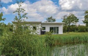a small white house in a field next to a lake at Holiday Home Dyrefolden Ringkøbing Vi in Hee