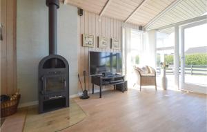 a living room with a wood stove and a television at Nice Home In Tarm With 3 Bedrooms, Sauna And Wifi in Hemmet