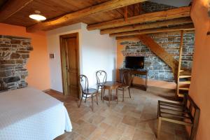 
a kitchen with a table, chairs, and a fire place at Marica in Šmartno
