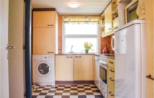 スナーヴィグにあるStunning Home In Ringkbing With Kitchenのキッチン(白い冷蔵庫付)、チェッカー付きの床
