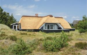 a house with a thatched roof on top of a field at Stunning Home In Blvand With Sauna in Blåvand