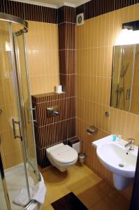 a bathroom with a toilet and a sink and a shower at Hotel Martex in Płońsk