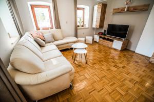 a living room with a couch and a television at Holiday Home Mountain View in Ljubno