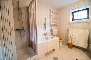 a bathroom with a shower and a tub and a toilet at Holiday Home Mountain View in Ljubno +19 photos
