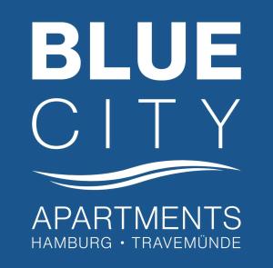 ein Logo für die Blue Ice apartments hamptons temperatursender in der Unterkunft Blue City Apartments in Lübeck