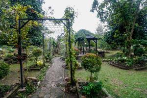 un jardin avec une pergola et un chemin dans l'établissement RedDoorz Syariah At Lampung Walk, à Bandar Lampung