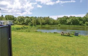 a picnic table in the grass next to a lake at Holiday Home Dyrefolden Ringkøbing Iv in Hee +9 photos