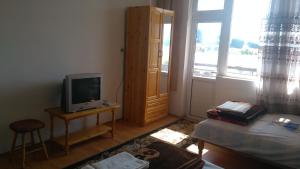 a living room with a tv and a couch at Айрови in Sarnitsa