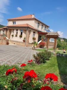 a house with red flowers in the yard at Virág Wellness Villa in Pécs