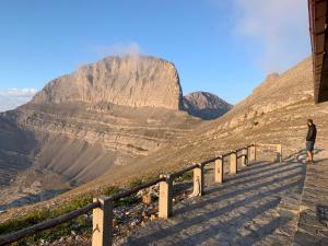 a man standing on a stairway on a mountain at Stonehouse 2 Bedroom Chalet on Olympus Amazing View in Pétra