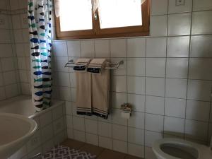 uma casa de banho com um lavatório, um WC e uma janela. em Chalet Murmeli em Eigenthal