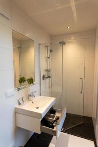 y baño con lavabo y ducha acristalada. en TT-ROOMS - kontaktlos mit Self Check-in en Graz