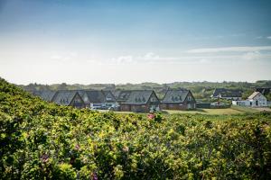 a row of houses behind a hedge with flowers at Ferienzentrum Wenningstedt in Wenningstedt