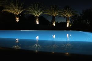 eine Reflexion von Palmen im Wasser in der Nacht in der Unterkunft Tenuta Aguglia in Noto