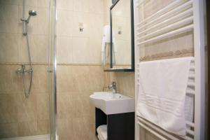 a bathroom with a sink and a shower at Hotel Stefani in Sibiu