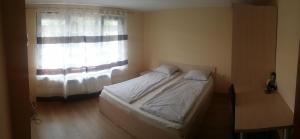 ein kleines Schlafzimmer mit einem Bett und einem Fenster in der Unterkunft Трънската къща in Trŭn
