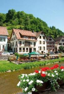 una casa grande con flores frente a un río en Zur alten Brücke, en Schiltach