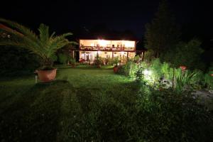 a house with lights in the yard at night at Pensiunea Criveanu in Horezu