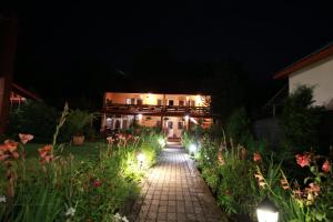 a garden at night with lights in the yard at Pensiunea Criveanu in Horezu