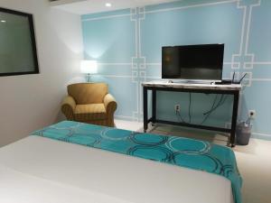 a bedroom with a bed and a desk with a television at Hotel Green 16 in Cancún