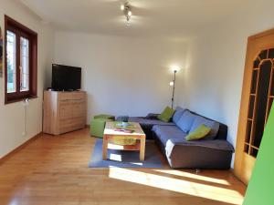 sala de estar con sofá azul y mesa en Ferienhaus Walch, en Stinatz