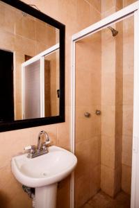 La salle de bains est pourvue d'un lavabo et d'une douche avec un miroir. dans l'établissement Hotel María Elena, à Durango